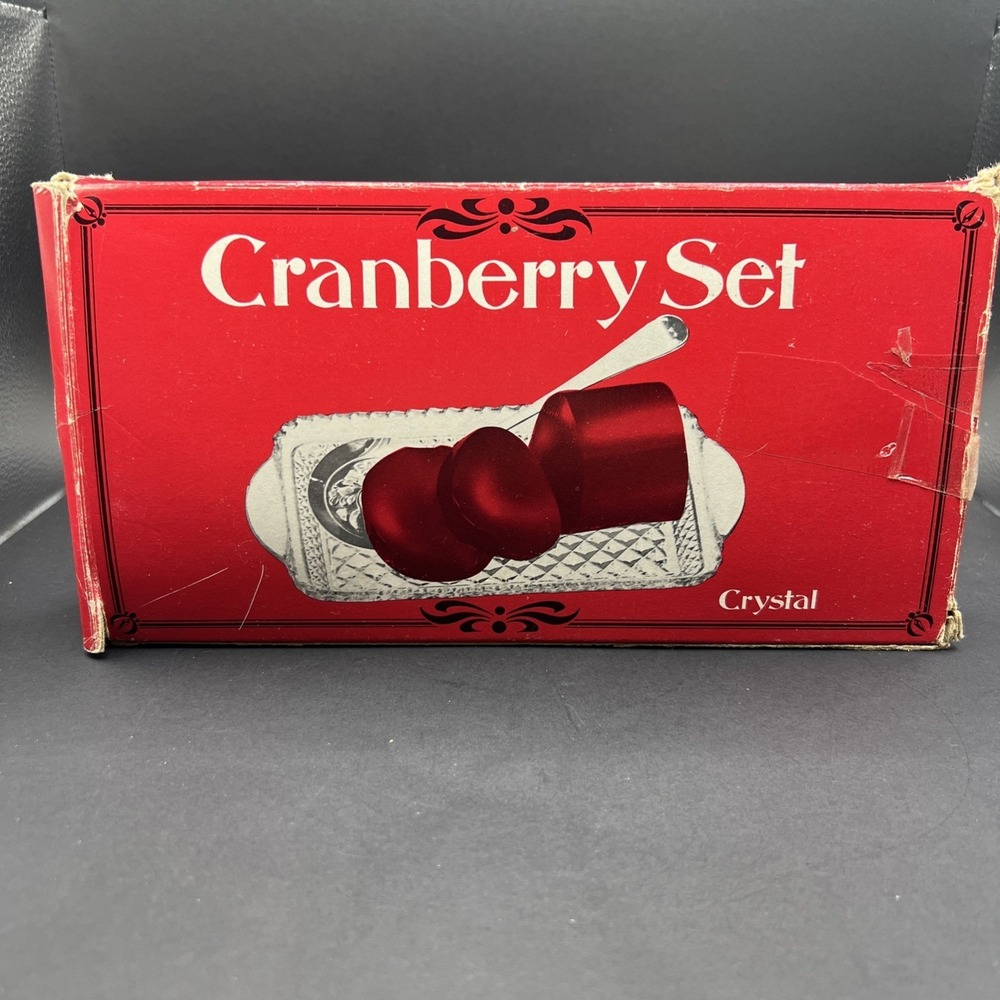 Vintage 70s Leonard Crystal Cranberry Serving Set Stainless Spoon Crystal Dish